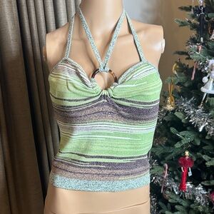 Veronica Beard Green and Purple Striped Halter Crop Top